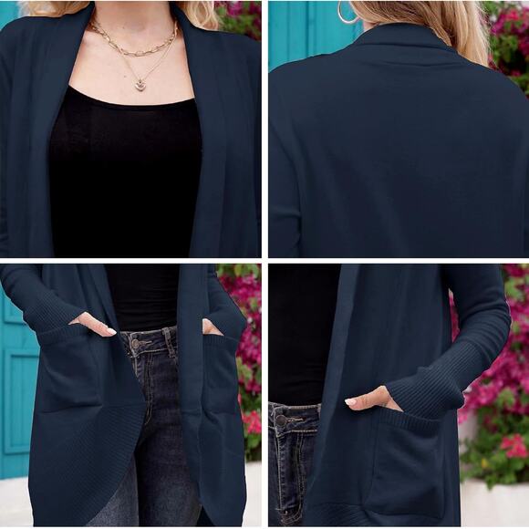 Women's Ribbed Hem Cardigan Sweaters Pockets Long Sleeve Knit Open Front - Picture 3 of 3